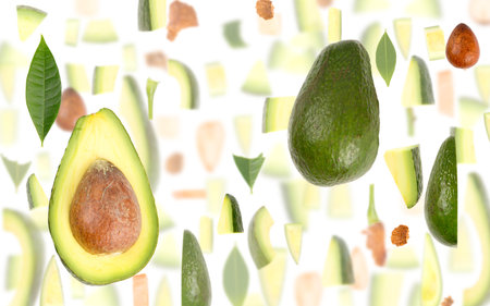 Abstract background made of Avocado fruit pieces, slices and leaves isolated on white.の写真素材
