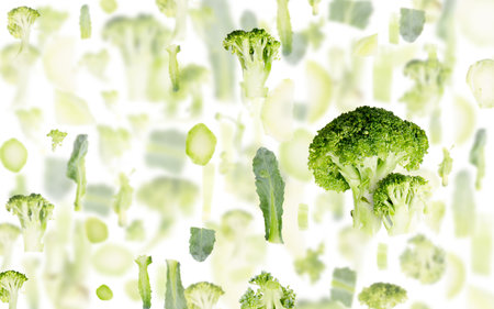 Abstract background made of Broccoli fruit pieces, slices and leaves isolated on white.の写真素材