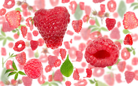 Abstract background made of Raspberry fruit pieces, slices and leaves isolated on white.の写真素材