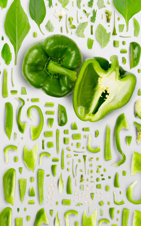 Abstract background made of Green Pepper vegetable pieces, slices and leaves isolated on gray background.の写真素材