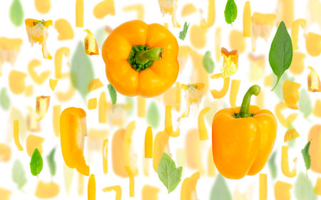 Abstract background made of Yellow Pepper vegetable pieces, slices and leaves isolated on white.の写真素材