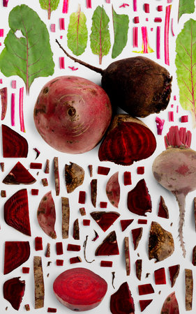 Abstract background made of Red Beet vegetable pieces, slices and leaves isolated on gray background.の写真素材