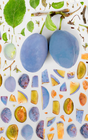 Abstract background made of Plum fruit pieces, slices and leaves isolated on gray background.の写真素材