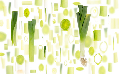 Abstract background made of Leek vegetable pieces, slices and leaves isolated on white.の写真素材