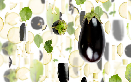 Abstract background made of Eggplant vegetable pieces, slices and leaves isolated on white.の写真素材
