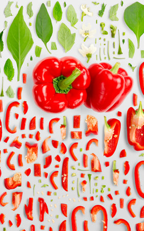 Abstract background made of Red Bell Pepper vegetable pieces, slices and leaves isolated on gray background.の写真素材