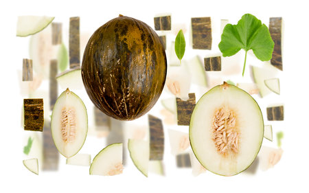 Abstract background made of Sugar Melon fruit pieces, slices and leaves isolated on white.の写真素材