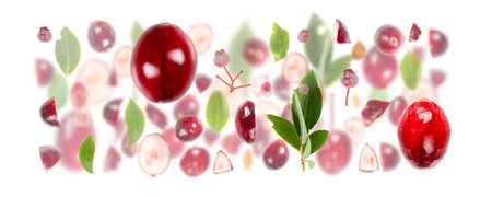Abstract background made of Cranberry fruit pieces, slices and leaves isolated on white.の写真素材