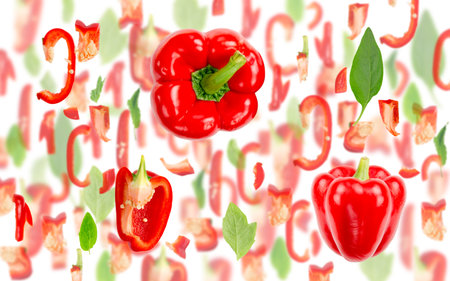 Abstract background made of Red Bell Pepper vegetable pieces, slices and leaves isolated on white.の写真素材