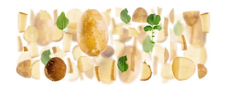 Abstract background made of Potato fruit pieces, slices and leaves isolated on white.の写真素材