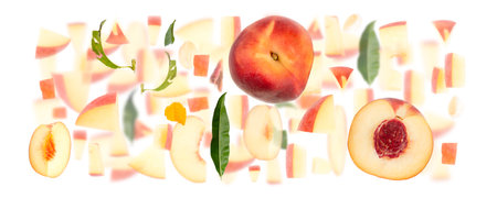 Abstract background made of Peach fruit pieces, slices and leaves isolated on white.の写真素材