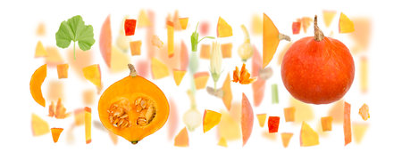 Abstract background made of Pumpkin vegetable pieces, slices and leaves isolated on white.の写真素材