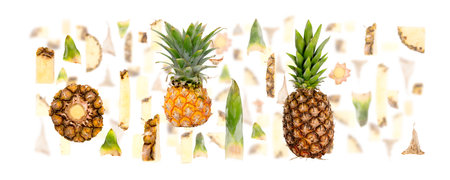 Abstract background made of Pineapple fruit pieces, slices and leaves isolated on white.の写真素材