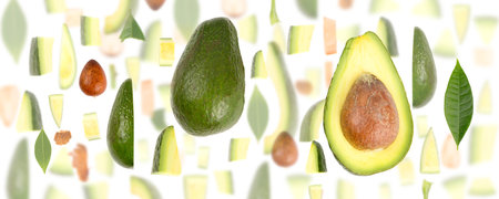 Abstract background made of Avocado fruit pieces, slices and leaves isolated on white.の写真素材