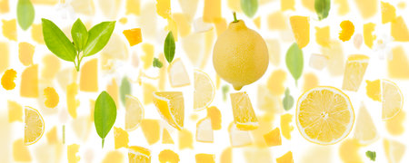 Abstract background made of Lemon fruit pieces, slices and leaves isolated on white.の写真素材