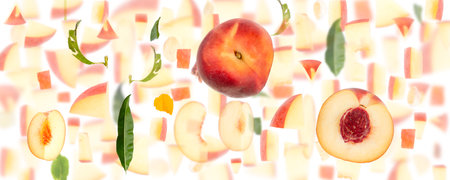 Abstract background made of Peach fruit pieces, slices and leaves isolated on white.の写真素材