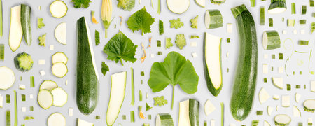 Zucchini vegetable piece, slice and leaf collection. Flat lay, seamless abstract isolated on gray background.の写真素材