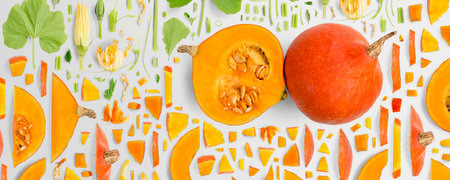 Pumpkin vegetable piece, slice and leaf collection. Flat lay, seamless abstract on gray background.の写真素材