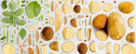 Potato vegetable piece, slice and leaf collection. Flat lay, seamless abstract on gray background.の写真素材