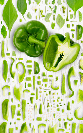 Abstract background made of Green Pepper vegetable pieces, slices and leaves on wooden background.の写真素材