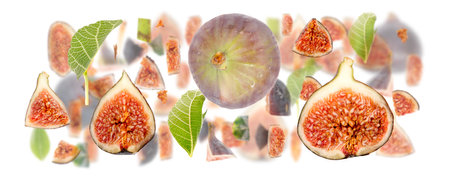 Abstract background made of Fig fruit pieces, slices and leaves isolated on white.の写真素材