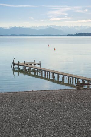 Alpine Landscape with Dock on Lake Starnberger (Starnberger See)の写真素材