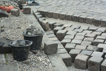 Road Construction Site with Cobblestone and Gravelの写真素材