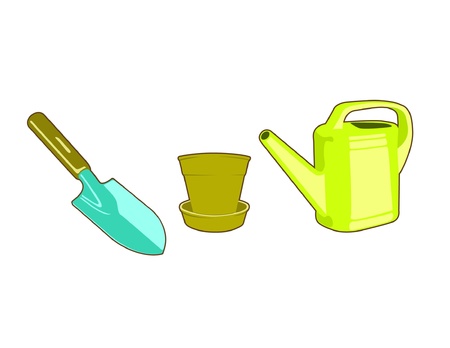 Garden kit including a blue and wooden shovel, a pot and its saucer, a yellow watering-can isolated on a white backgroundのイラスト素材