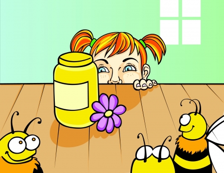 Little girl looking at a honey jar on a wooden table surrounded by 3 cute beesのイラスト素材