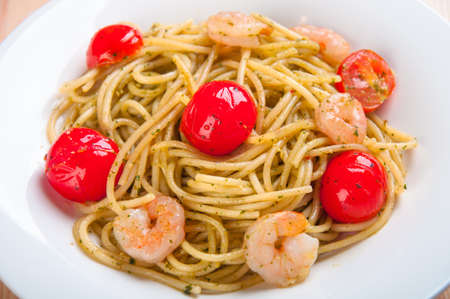 Spaghetti with shrimps and tomatoesの写真素材