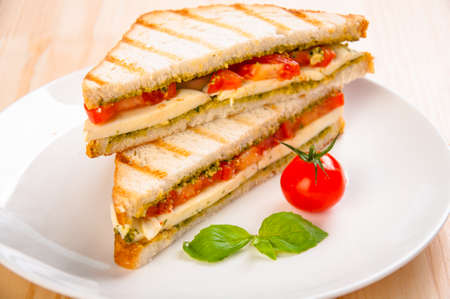 Bread sandwich with cheese, tomato  Healthy vegetarian snacks  fast food の写真素材