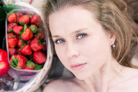 beautiful woman on the picnic with basketの写真素材