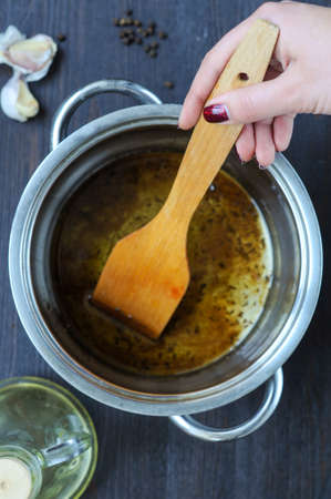 Preparation. Mix spice. Fried spices in the pot.の写真素材