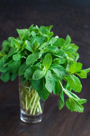 fresh mint leaves in the glass of waterの写真素材