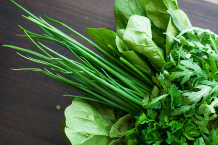 Various Fresh Greens with Lettuce, Mint, Dill and Parsley, Spring onionの写真素材