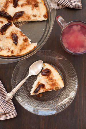 Piece of cottage cheese casserole with raisinsの写真素材