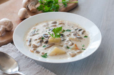 plate of vegetarian mushroom soupの写真素材