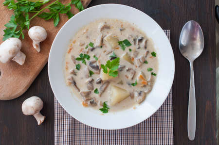 plate of vegetarian mushroom soupの写真素材