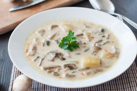 plate of vegetarian mushroom soupの写真素材