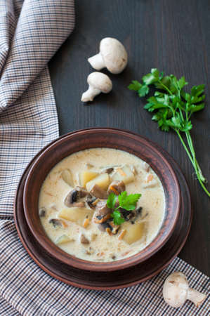 bowl of vegetarian mushroom soupの写真素材