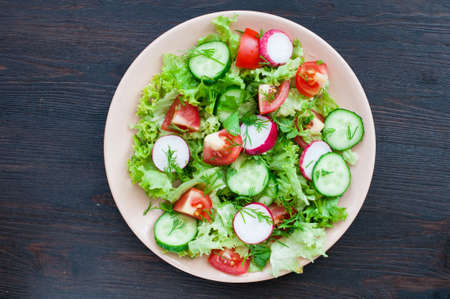Tomato and cucumber salad with lettuceの写真素材