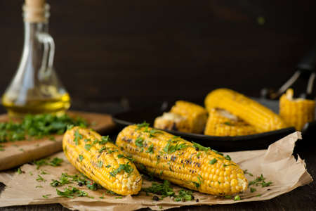 Organic Grilled Mexican Corn with Chili, Cilantro, and Limeの写真素材