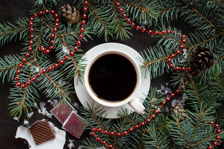 Holiday Christmas still life with cup of coffee, chocolateの写真素材
