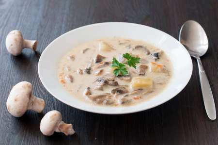 plate of vegetarian mushroom soupの写真素材