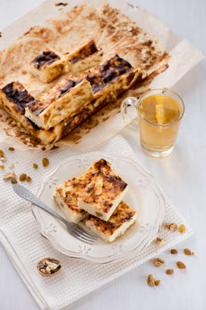 Appetizing cottage cheese casserole with raisinsの写真素材