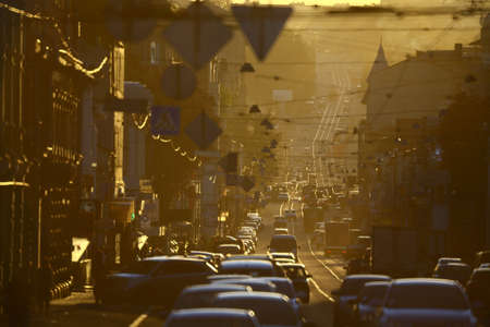 street with many cars in smogの写真素材
