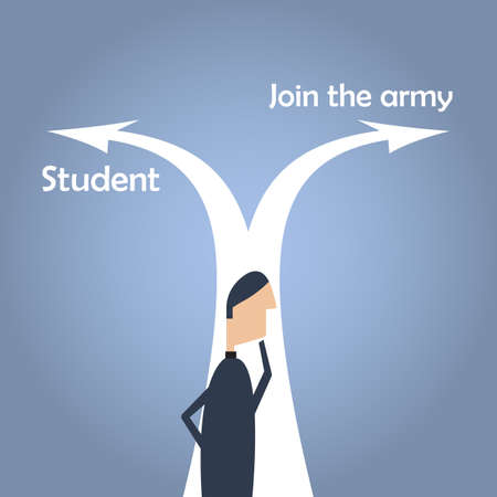 Man between two choices. Separation. Student or Join the army?のイラスト素材