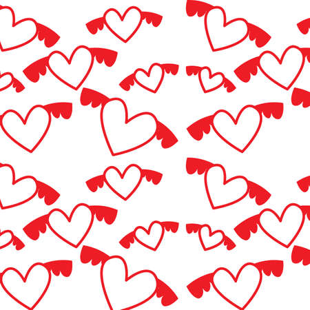 Valentines day pattern with red winged hearts. Vector design illustration.