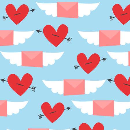 Valentines day pattern. Winged pink letters with arrow and red hearts. Vector design illustration.のイラスト素材