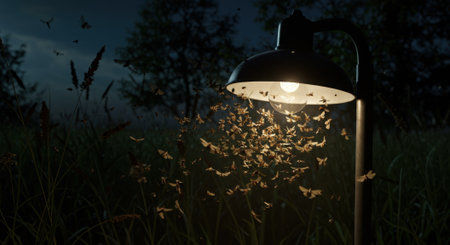 An atmospheric and thought-provoking scene of moths and other insects swarming around a bright street lamp in a dark, natural setting. This visual powerfully illustrates how artificial light sources disrupt the natural navigation systems of nocturnal creatures, trapping them in a fatal attraction. It's a composition that highlights the often-overlooked impact of light pollution on ecosystems, the disruption of natural cycles, and humanity's footprint on the environment.の素材